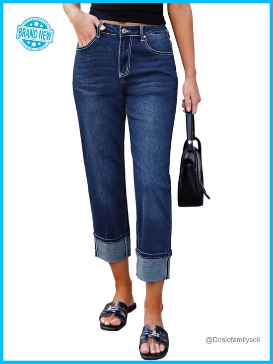 Denim - Straight Leg Cropped Jeans with Pockets High Waisted Cuffed Hem Stretchy